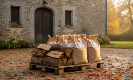 Palette de bois de chauffage et sacs de pellets livrée devant une maison à l'automne