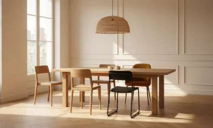 Salle à manger avec table en bois clair et chaises dépareillées variées