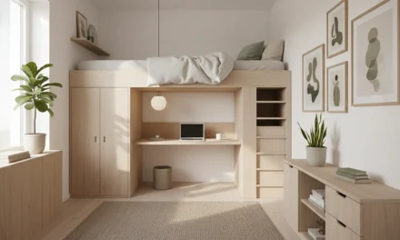 Petite chambre optimisée avec lit en hauteur, coin bureau intégré et rangements gain de place