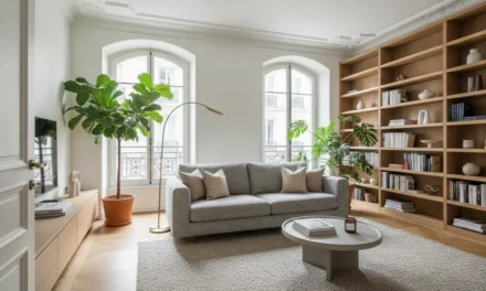 Salon aménagé avec style minimaliste, canapé gris chiné, bibliothèque encastrée en bois naturel, parquet chêne et lumière naturelle