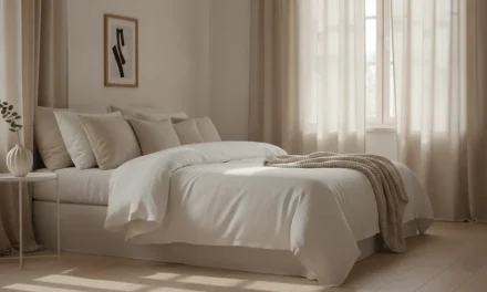 Chambre avec rideaux en lin et linge de lit blanc