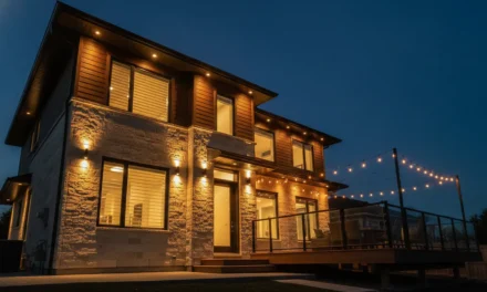 Façade de maison contemporaine éclairée le soir par des projecteurs, avec guirlande lumineuse sur la terrasse adjacente