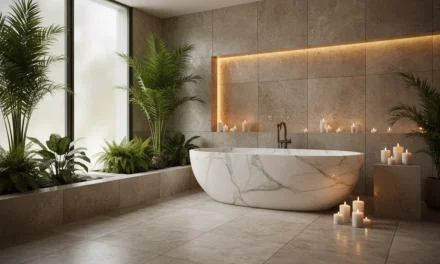 Coin spa intérieur avec baignoire îlot ovale en marbre blanc, grandes dalles en pierre naturelle, éclairage indirect tamisé chaud et plantes tropicales