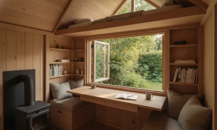Intérieur de petite cabane en bois aménagée : lambris clair, bureau sous fenêtre, banquette en lin, poêle à bois et mezzanine